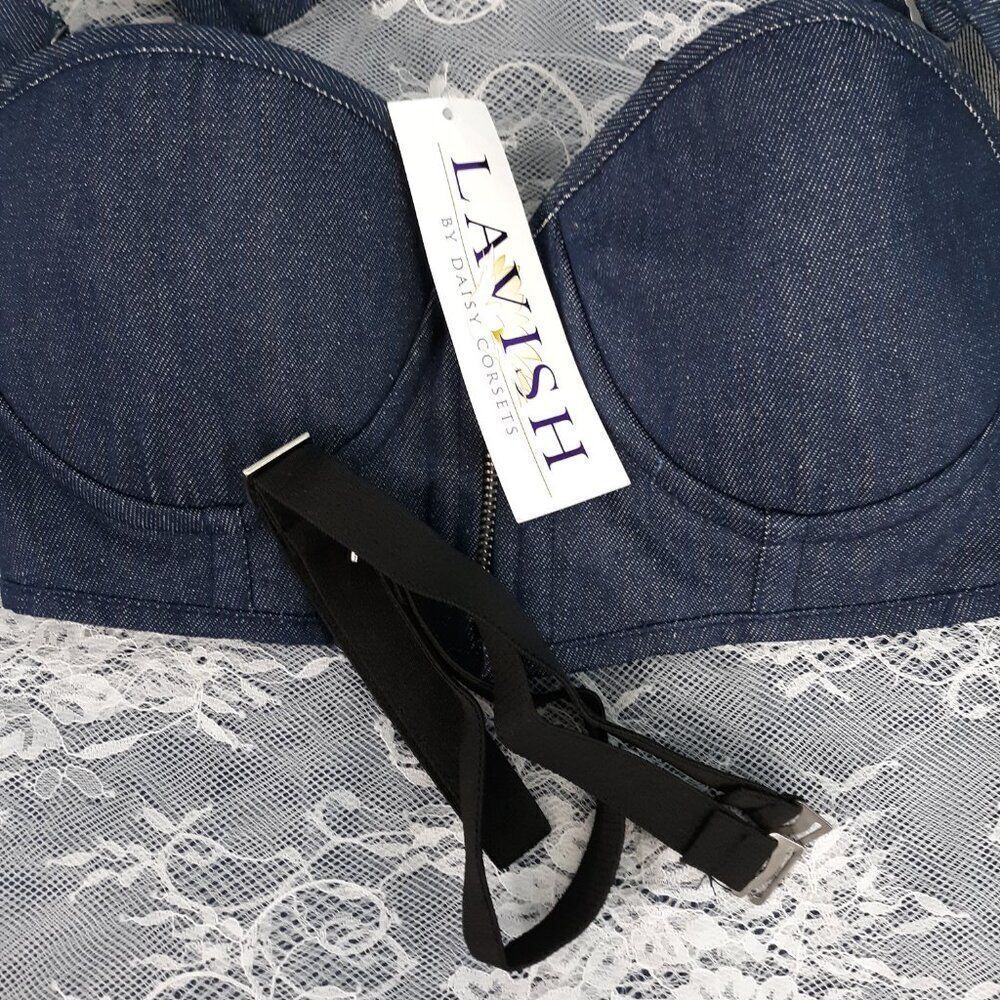 Lavish Medium Daisy Corsets Blue Denim Ruffled Denim Bustier Shirt Crop Top Bra - Picture 3 of 4
